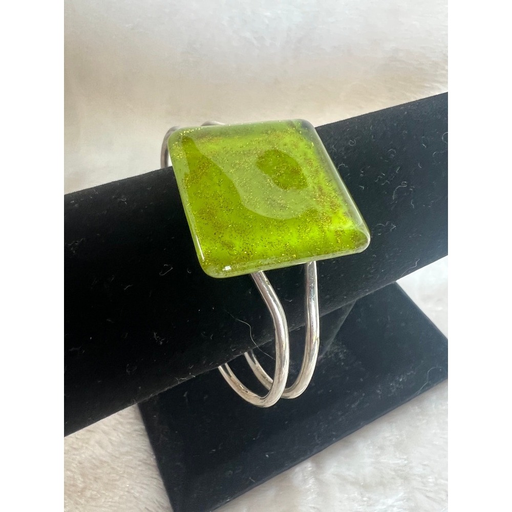 Silver Bangle Bracelet‎ Green Glass Venetian Inspired Lampwork Style Hinged